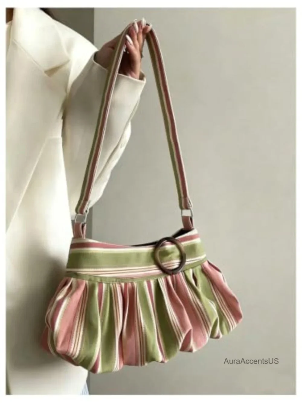 Striped Hobo Handbag Ruched Single Strap Retro Y2K Underarm Purse